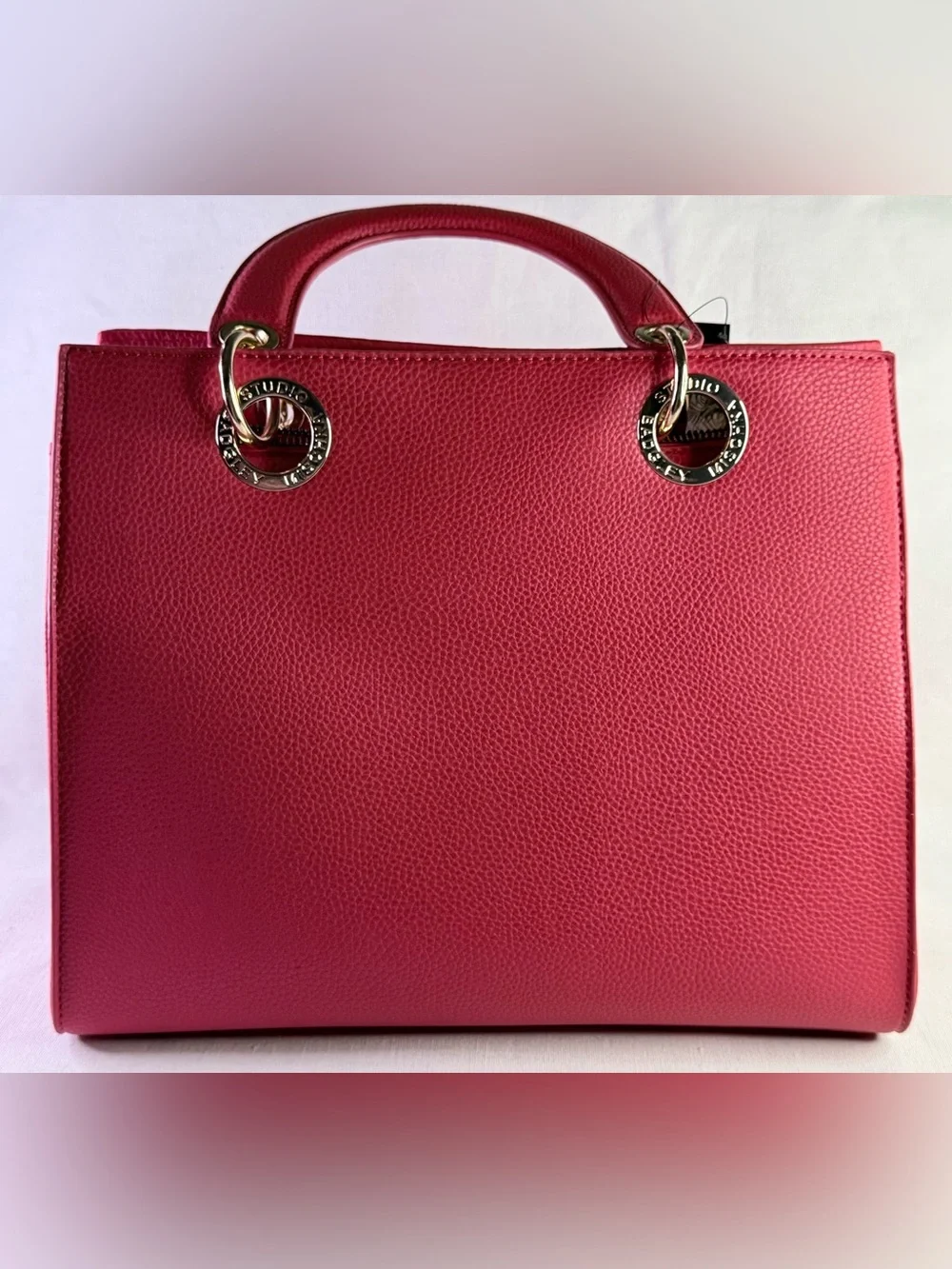 Bradley Mischka Red Satchel Bag with Crossbody/Shoulder Strap and Gold Hardware